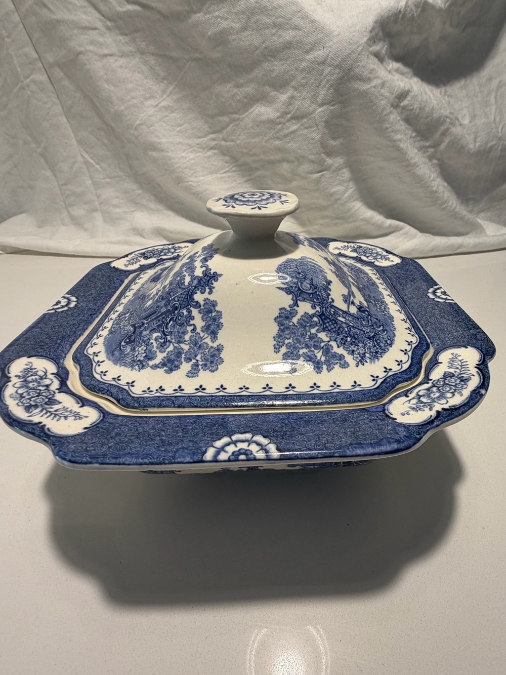 VTG Adams Aladdin Blue Transferware Tureen Vegetable Dish England Staffordshire